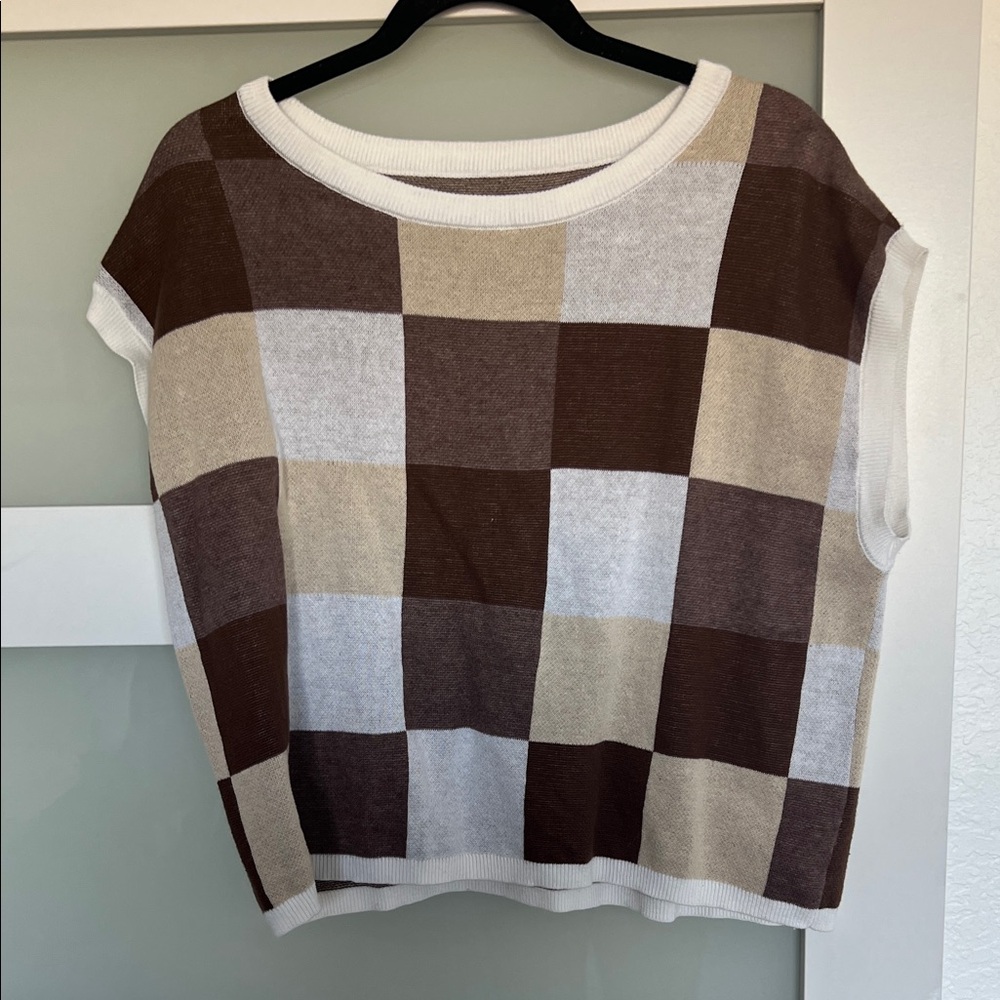 SHEIN Brown and Cream Checkered Sweatshirt